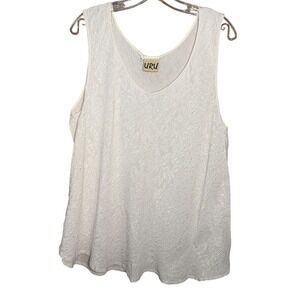 URU 100% Textured Silk Tank XL Cream Ivory Floral Jacquard Sleeveless Blouse USA
